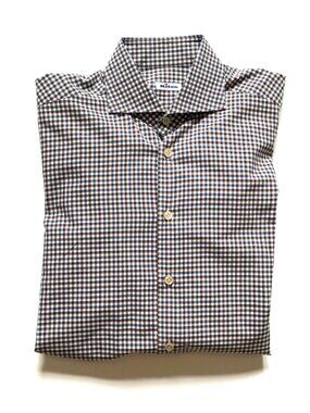 KITON Button Down Sport Shirt Mens 40 16 Brown Blue Check Cotton Long Sleeve